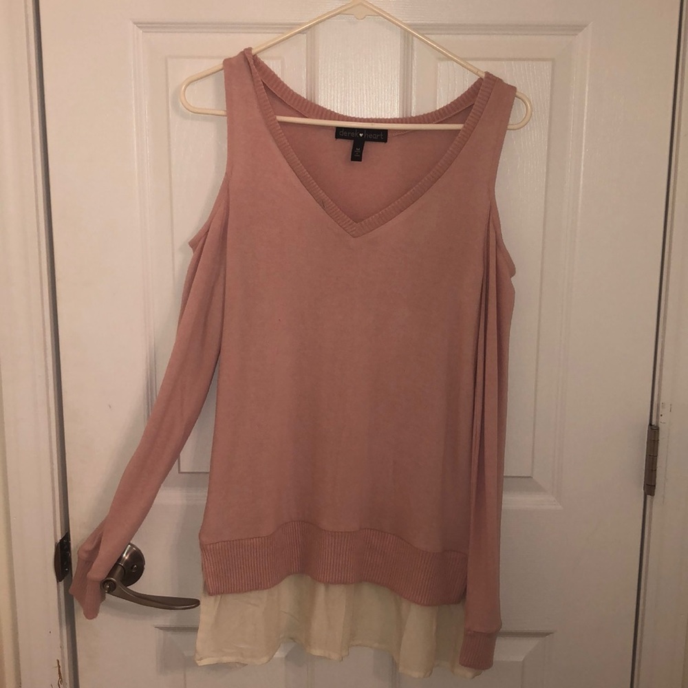 Pink cut off shoulder sweater.